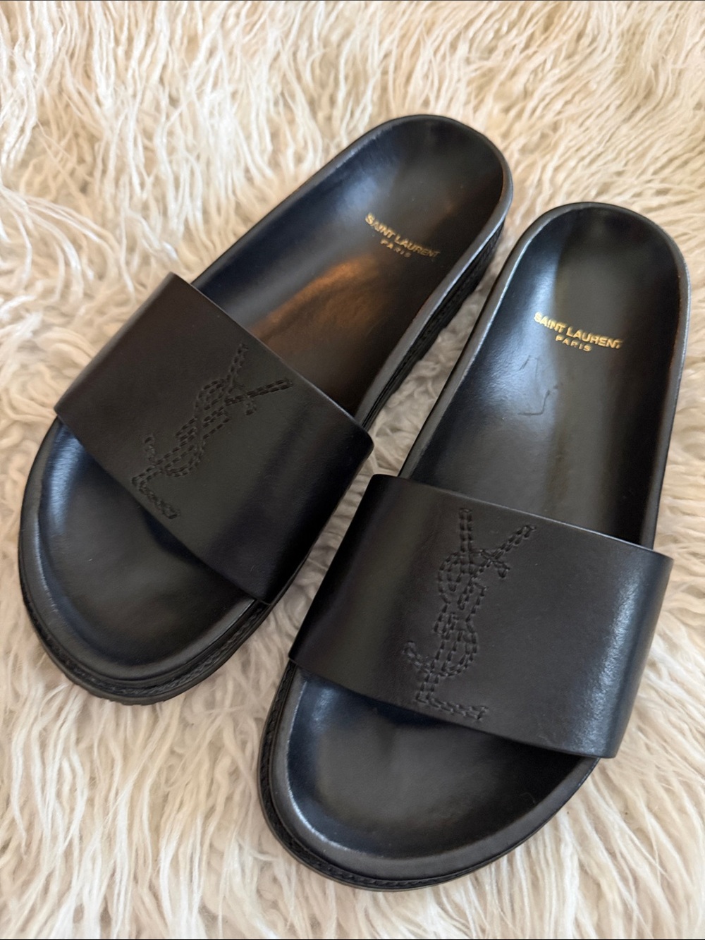 YSL Saint Laurent Black Leather Logo Slide Sandals